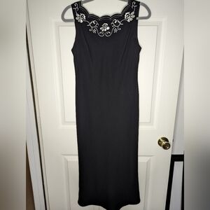 S.L. Fashions black with white embroidered bias cut dress size 6